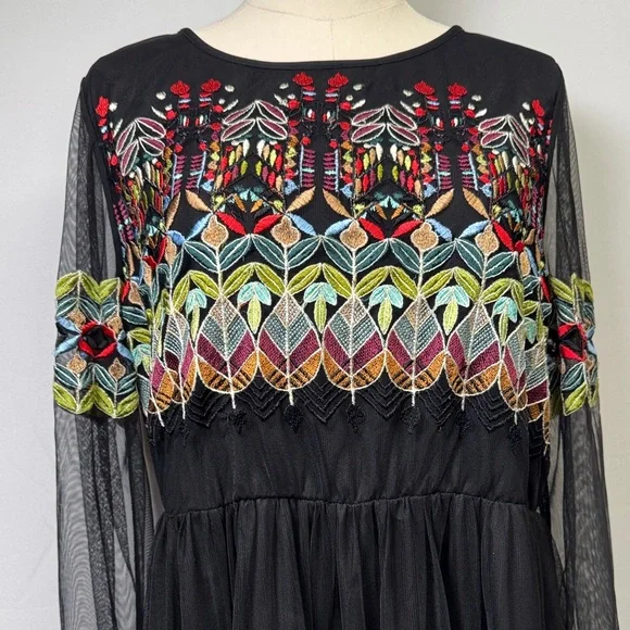 ASOS Embroidered Black Mesh Tulle Dress Size 14 - Picture 2 of 11